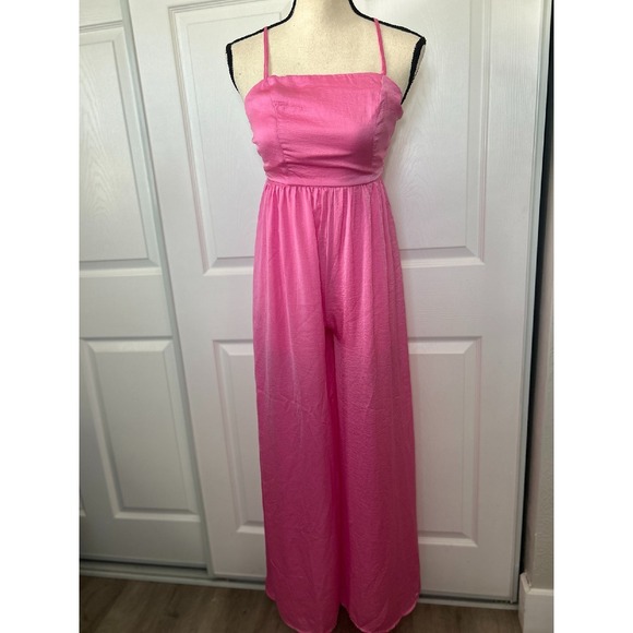 Anthropologie Aakaa Pink Satin Open Back Sleeveless Wide Leg Slip Jumpsuit Small - Picture 1 of 7